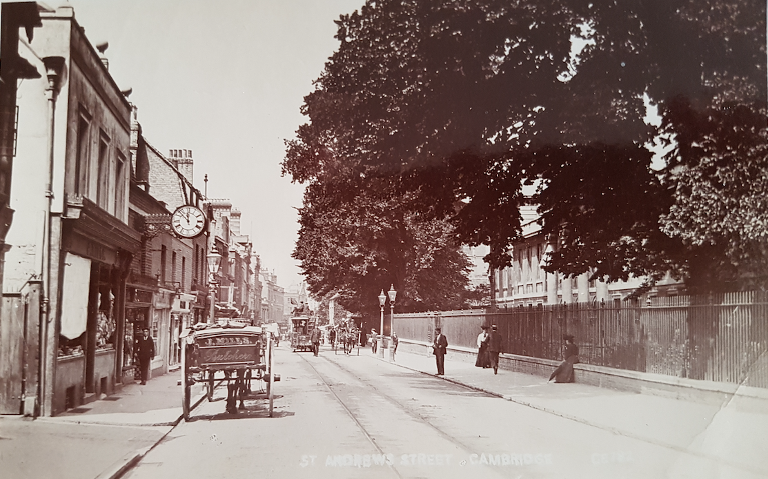 St Andrew's St outside Emmanuel College. Left foreground is passageway to St Columba's Hall, then nos 35 - 30 St Andrew's Street. (MoC)