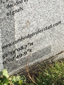 The monument to Cambridge Rules Football on Parker's Piece.